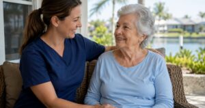 Caregiver providing compassionate home care for a senior woman in Bradenton, Florida