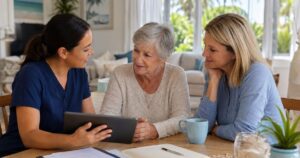 Family reviewing in-home care costs and care options for an elderly loved one at home