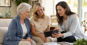 Senior man receiving compassionate in-home care support from family and caregiver